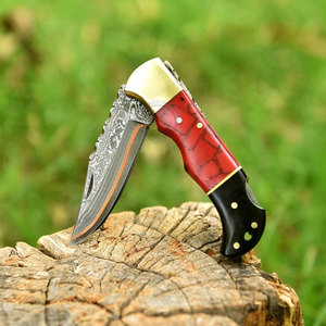 Hot Selling San-Mai Copper Damascus Steel Folding Knife Back <b>Lock</b> Turquoise Style Resin Handle Sheath EDC Camping Pocket Knife - Product Image 4