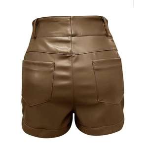 Women's Mid-Waisted Leather Solid <b>Smart</b> Casual Bermuda <b>Shorts</b> Trendy <b>Black</b> Pleated Loose-Fit Anti-Wrinkle Quick Dry Button Fly - Product Image 2