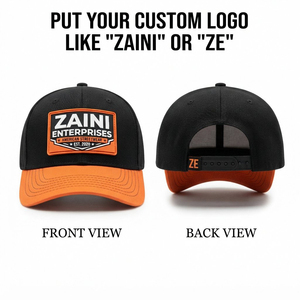 Casquette en maille de coton premium 280 GSM noire et orange à 5 panneaux avec logo brodé personnalisé, fermeture snapback, imperméable, unisexe - Product Image 1