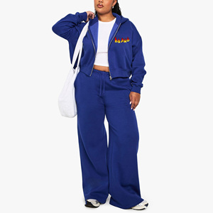Ensemble de survêtement bleu à capuche pour femme grande taille, coupe ample, fermeture éclair sur le devant, imprimé lettres, tenue décontractée 100 % coton, style automne - Product Image 1