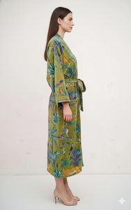 Robe en velours kimono pour femme, col en V, fermeture à cordon, longue, manches longues, imprimé, style élégant, hiver/automne - Product Image 3