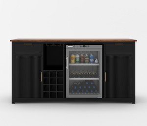 Meuble bar noir moderne avec rangement pour vin et refroidisseur intégré, dessus en bois, poignées en laiton, organisateur de boissons autoportant - Product Image 2