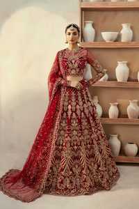 Lehenga Choli en soie rouge avec broderie dorée, longueur au sol, tenue de mariage traditionnelle pour femmes, style Inde Pakistan - Product Image 3