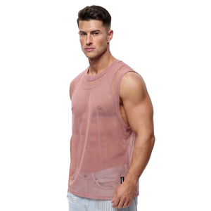 Débardeurs en maille transparente pour hommes, col rond, sans manches, 100% polyester, haut transparent, style streetwear, vêtements de mode, débardeur en maille transparente - Product Image 3