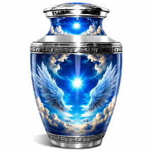Urna Funeraria Alas de Ángel Celestial con Arte de Cielo Azul Brillante, Bandas Grabadas en Plata y Acabado Memorial de Alto Brillo - Product Image 1