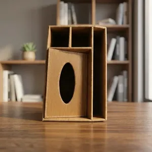 Caja de pañuelos de madera con apertura ovalada y compartimentos de almacenamiento para organizar el escritorio - Product Image 4