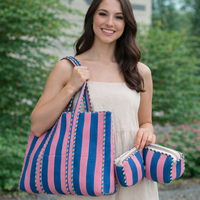 Tas Pantai Rajut Tangan India Berbahan Katun, Berlapis, Bergaya Bohemian, Bergaris, Dengan Pegangan Bahu, Ramah Lingkungan, Ukuran Sedang, Tanpa Resleting, Siap Kirim (RTS)