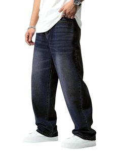 Jean décontracté pour homme en denim délavé foncé, coupe ample et large, taille mi-haute, 100 % coton écologique - Product Image 4