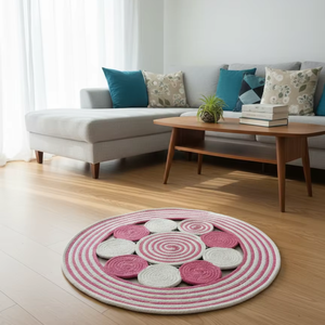 พรมและพรมปูพื้นทรงกลมถักจากเชือกฝ้ายผลิตด้วยเครื่องจักร เป็นมิตรกับสิ่งแวดล้อมและเหมาะสำหรับสัตว์เลี้ยง ใช้ตกแต่งห้องโถงและห้องนั่งเล่น - Product Image 1
