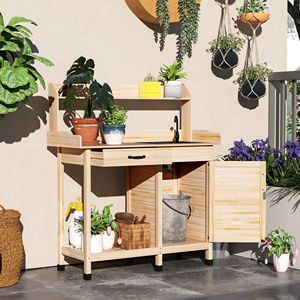 Tavolo da Lavoro da Esterno con Lavello, Armadietto Contenitore e Ganci - Banco da Giardinaggio Naturale per Serra, Giardino e Patio - Product Image 2