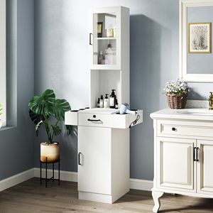 White Wall-Mounted Barber Station 3-Tier <b>Shelf</b> Drawer Cabinet <b>Glass</b> Door Salon Spa Beauty <b>Table</b> Furniture Hair Styling Equipment - Product Image 1