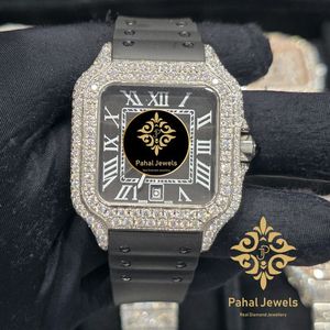 Montre mécanique à cadran carré, lunette sertie de diamants, chiffres romains, montre-bracelet à quartz, bracelet noir, style bijou de mode - Product Image 1