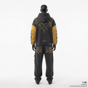 Custom <b>Women</b> Black Mustard Color Block Rhinestone Hoodie Cargo <b>Jogger</b> Set Cotton <b>Fleece</b> Streetwear Tracksuit Wholesale - Product Image 3