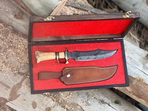 Custom Handmade Industrial Grade Hunting Bowie <b>Knife</b> in Damascus Steel <b>Bone</b> <b>Handle</b> Leather Sheath Box 15in - Product Image 5