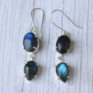 Blue Fire Labradorite <b>Earrings</b> 925 Sterling <b>Silver</b> Vintage <b>Dangle</b> Drop Boho Jewelry Pear Oval Cabochon Channel Setting Party - Product Image 2