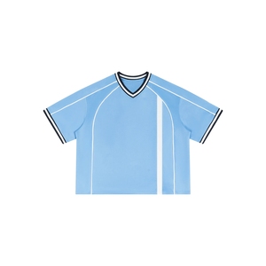 Maillot de football pour homme bleu ciel avec rayures latérales, col en V, bordure côtelée, vêtements de sport en gros - Product Image 6