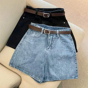 Shorts de mezclilla de verano para mujer, de cintura alta, sencillos, adelgazantes, de pierna ancha, corte A, estilo pantalón corto. - Product Image 3