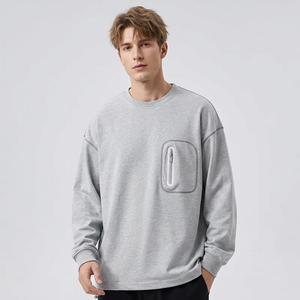 Sweat-shirt gris à manches longues et col rond pour homme 2027, avec poche zippée, style décontracté, personnalisable sur le devant, en jersey polyester/coton écologique - Product Image 3