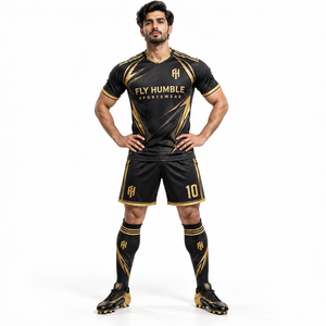 <b>Fly</b> Humble Men's Black Gold Soccer Jersey Set Short Sleeve V-Neck Moisture Wicking Fitted All Seasons Adult Sportswear - Product Image 1