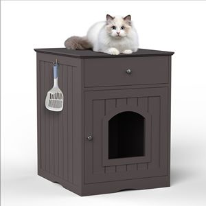 Casetta per animali domestici in legno marrone con lettiera per gatti, contenitore con cassetto, tavolino laterale, cuccia per animali domestici da interno, comodino per gatti - Product Image 5