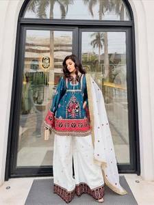 Designer Embroidery And Sequence Work Natural Silk <b>Top</b> With Plazzo Bottom And Dupatta Fully Stitched Ready To Wear Set - Product Image 1