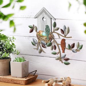 Décoration murale d'extérieur et d'intérieur pour salon, motif oiseaux et feuilles d'arbre en métal, nichoir suspendu, décoration murale en métal durable pour la maison et le bureau - Product Image 2