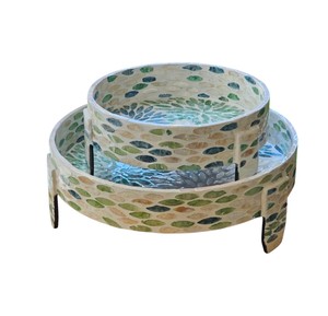 Phenomenal mother of pearl <b>cake</b> <b>stand</b>, mosaic seashell double raised tray <b>set</b> filled with fine sweets for parties - Product Image 2