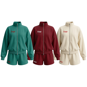 Women's 2-Piece Fleece Shorts <b>Set</b> Stand Collar Zipper Jacket Embroidered Logo Casual Loose Fit All Seasons Sportswear - Product Image 1