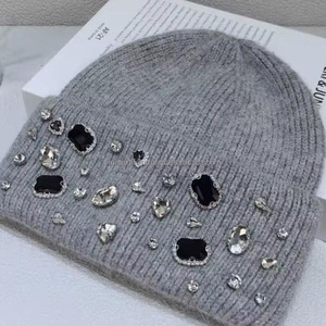 Wholesale Custom Winter Cuffed Knitted <b>Hats</b> Solid Color Unisex Luxury Rhinestones <b>Beanie</b> <b>Hats</b> 100% <b>Wool</b> - Product Image 5