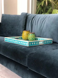 Plateau de service rectangulaire en bois avec incrustation d'os turquoise, plateau de rangement décoratif, plateau de présentation pour table basse, ottoman, petit-déjeuner, fruits - Product Image 3