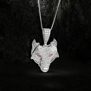 Pendentif Loup Glacé Yeux Rouges en Argent Sterling 925 Plaqué Rhodium avec Moissanite, Collier Viking Fenrir Style Hip Hop, Bijoux Nordiques - Product Image 1