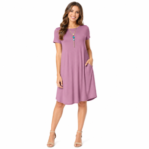 Robe décontractée pour femme, col rond, drapée, longueur genou, en tricot extensible respirant, coupe ample, style A, avec poches latérales, pour toutes les saisons - Product Image 1
