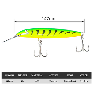 Leurre de pêche au bar, plusieurs couleurs, minnow à lèvres métalliques, 147 mm, 42 g, matériau ABS, type coulant, leurre dur avec hameçon triple - Product Image 2
