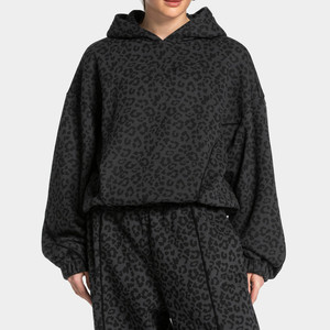 Black & Grey Leopard Print Contrast Pipping Women's <b>Tracksuit</b> Oversized Pullover Contrast Lining Hoodie & Jogger For Women's - Product Image 3