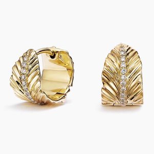 Ornate Botanical Leaf <b>Hinged</b> <b>Hoop</b> Diamond <b>Earrings</b> - Product Image 1