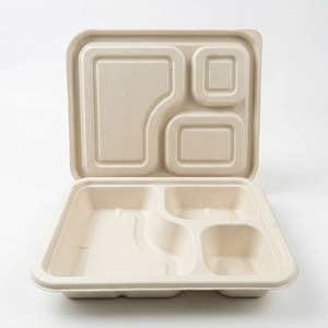 Barquette alimentaire jetable 3 compartiments en pulpe moulée la plus demandée avec couvercle, emballage alimentaire écologique en pulpe naturelle pour la restauration à emporter - Product Image 1