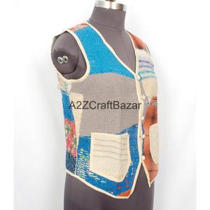 Veste matelassée pour femme 100% coton respirant, imprimé floral fait main, col en V, manches mi-longues, fermeture boutonnée, toutes saisons - Product Image 3
