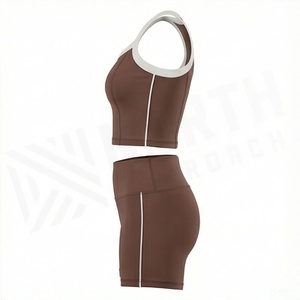 Conjunto de yoga marrón para mujer, top corto con espalda cruzada y bloques de color, shorts de cintura alta con rayas laterales, conjunto de 2 piezas para gimnasio - Product Image 3
