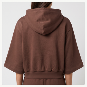 Sudadera con capucha extragrande OEM al por mayor para mujer, de manga corta, de felpa francesa gruesa, con cremallera, lentejuelas y logotipo personalizado, color marrón. - Product Image 2