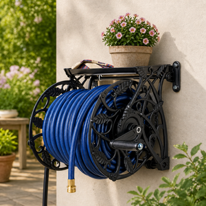 Enrouleur de tuyau d'arrosage mural décoratif en métal de 38 m avec étagère pour jardin et patio extérieur Vietnam Garden Supply ODGGAD016 - Product Image 1