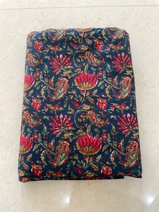 Navy Blue Lightweight Hand Block Printed Cotton Fabric <b>Red</b> Floral Paisley Jaipur Sanganeri Dress <b>Material</b> Home Decor Girls - Product Image 1