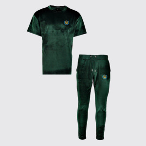 Unisex Green Velour Tracksuit <b>Set</b> Crew Neck Short Sleeve Drawstring Pants <b>Embroidery</b> Logo Casual Autumn Wear - Product Image 1