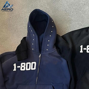 Vente en gros de sweats à capuche zippés pour hommes, avec bordure de capuche cloutée, impression de numéro sur la poitrine, style Y2K, fermeture éclair intégrale, streetwear, veste à capuche en polaire - Product Image 3