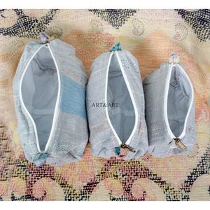 Indian Kantha Hand Block Print Cotton Cosmetic Bag Set with Tassel Zipper Closure Vintage Style-Women's Travel <b>Makeup</b> Pouch bag - Product Image 5