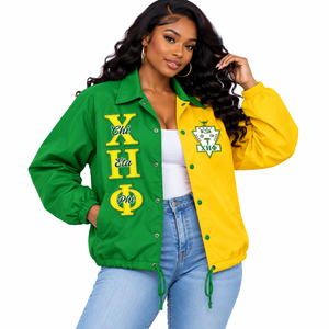 Chaqueta de la hermandad griega Chi Eta Phi con bordado de bloques de color y cuello vuelto, estilo chaqueta cruzada para hermandad universitaria - Product Image 3