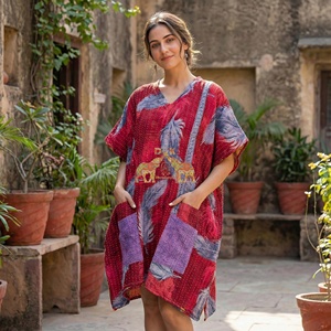 Leaf Print Vintage Cotton Kaftan Dress Vintage Knee-Length Indian Beach Cover-Up V-neck Dresses - Product Image 5