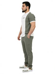 ONETEN APPAREL Ensemble de t-shirts à col rond pour homme, couleur contrastée, hiver, avec pantalon rayé, tenue décontractée en deux pièces - Product Image 4