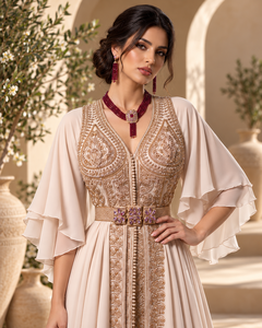 Caftán Marroquí Beige Champán con Bordado Dorado, Mangas con Volantes en Capas y Cinturón Morado, Maxi Vestido de Terciopelo Color Ciruela con Cuello en V, Transpirable - Product Image 2