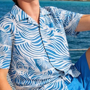 Men's Blue White Geometric Print Short Sleeve Casual <b>Shirt</b> Regular Fit Woven <b>Polyester</b> Breathable Design - Product Image 4