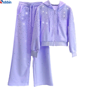 Conjunto de 2 piezas de chándal de invierno personalizado con logo rosa, pedrería en toda la prenda, transpirable, sudadera con capucha oversize y pantalones acampanados, fabricante personalizado - Product Image 5